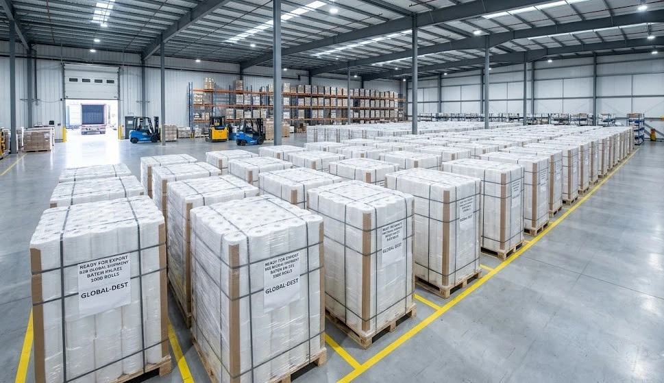 Manufacturer warehouse storing bulk sanitary film rolls Manufacturer warehouse storing bulk sanitary film rolls